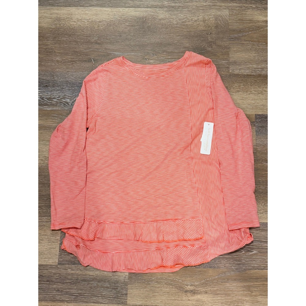 Soft Surroundings Coco Pima Tee Coral White Striped Ruffle Hem Top M 2FA0710701